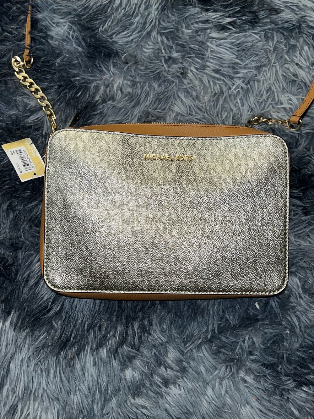 Michael Kors Metallic Silver with Tan Trim Crossbody Bag